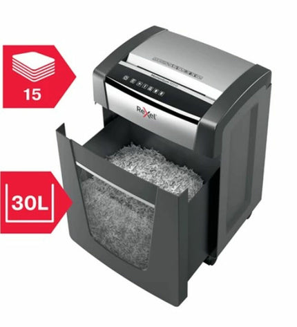 Rexel Momentum X420 paper shredder for office use, compact electronic office equipment with paper feed and shredder bin visible.