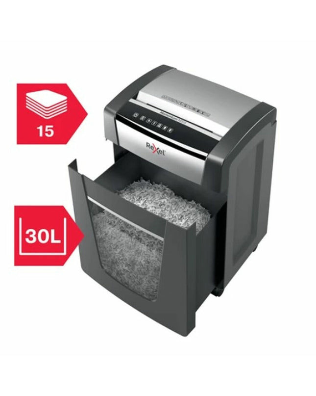 Rexel Momentum X420 paper shredder for office use, compact electronic office equipment with paper feed and shredder bin visible.