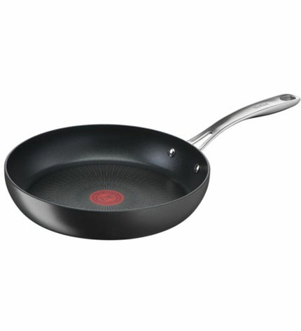 Tefal G2560202 black metal aluminum pan for cooking, kitchen utensil with sturdy handle and non-stick surface.