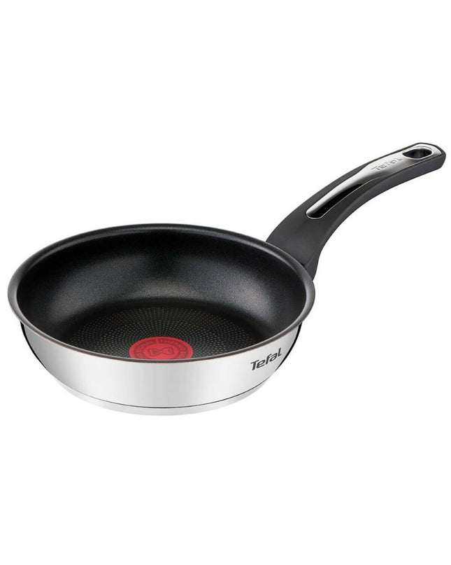 Stainless steel Tefal E3000104 frying pan with 18 cm diameter, suitable for house and kitchen cooking, shown from above.
