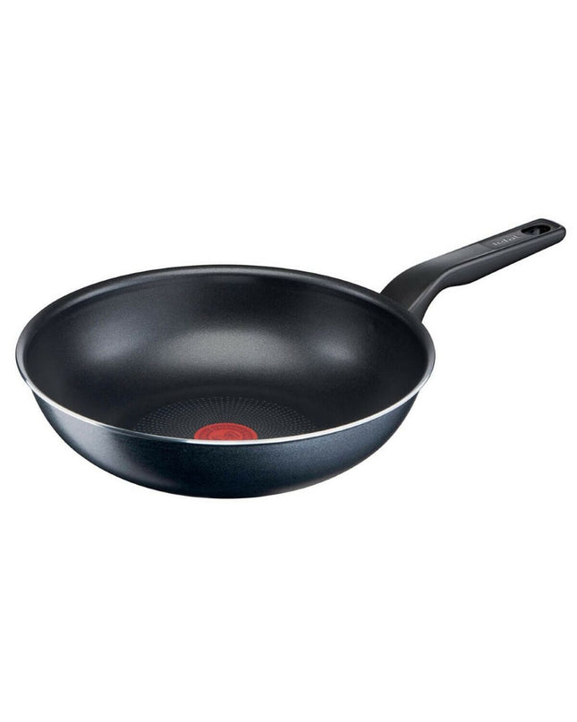 Tefal C38519 black aluminum pan with 28 cm diameter, suitable for home cooking, shown with a smooth cooking surface.