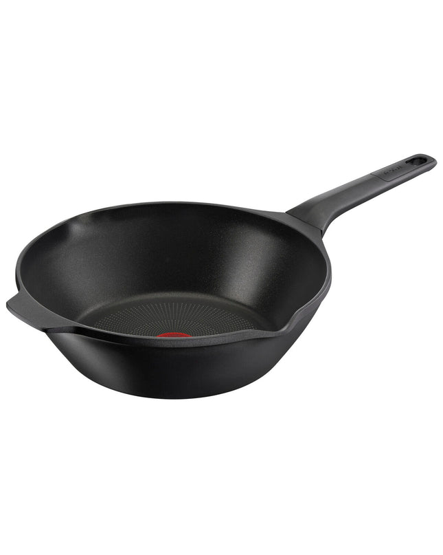 Tefal E2491944 kitchen pan for cooking, black non-stick cookware with ergonomic handle, suitable for various stove types.