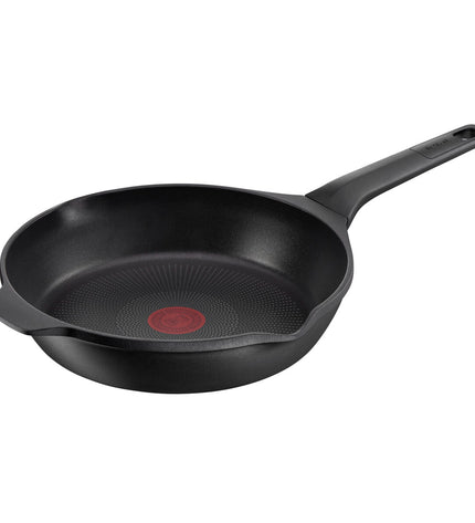 Tefal E2490644 black 28cm aluminum frying pan for home cooking, featuring a durable non-stick surface and ergonomic handle.