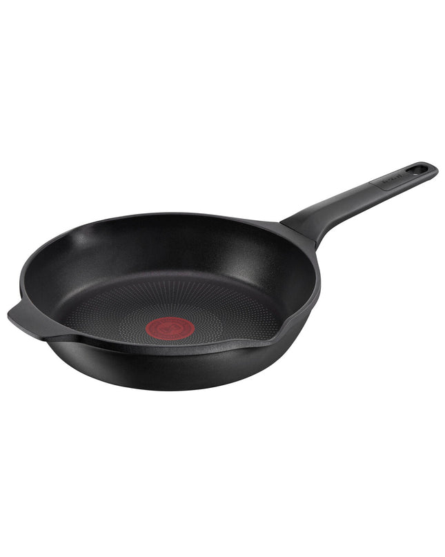 Tefal E2490644 black 28cm aluminum frying pan for home cooking, featuring a durable non-stick surface and ergonomic handle.