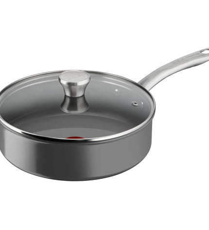Tefal grey aluminum 24 cm frying pan for home cooking, with a non-stick surface and ergonomic handle.