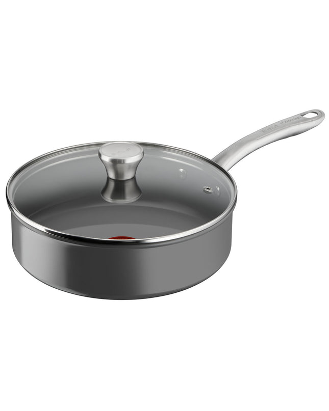 Tefal grey aluminum 24 cm frying pan for home cooking, with a non-stick surface and ergonomic handle.