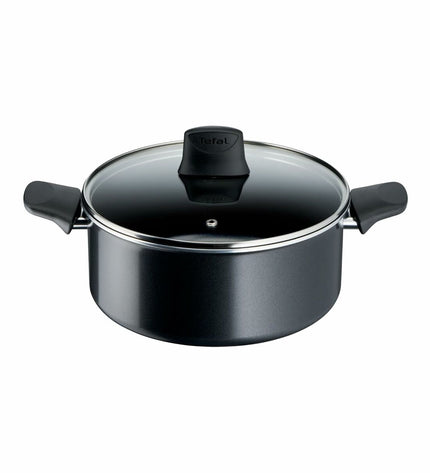 Tefal FORCE BLACK 24C black aluminum frying pan for home cooking, showcasing a durable non-stick surface and ergonomic handle.