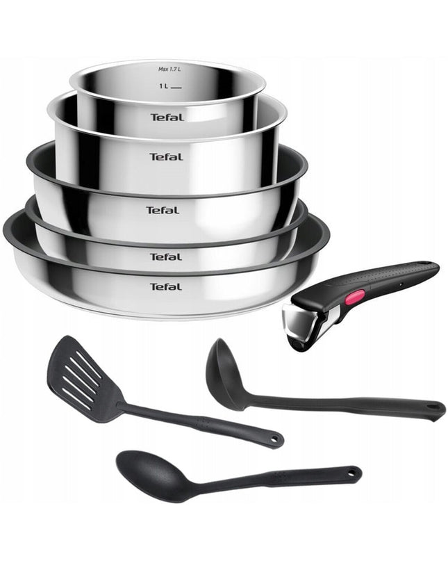 Tefal L881S904 aluminium cookware set with 9 pieces, including pots, pans, and lids for home cooking and kitchen use