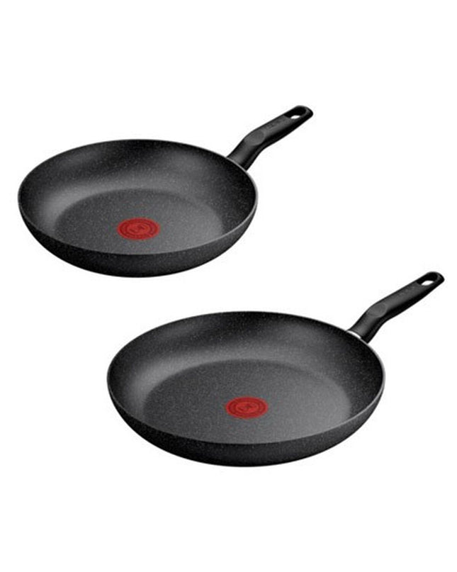 Tefal DARK ESSENTIAL black aluminum frying pans set with two pieces, 24 cm and 28 cm diameter, for home cooking.
