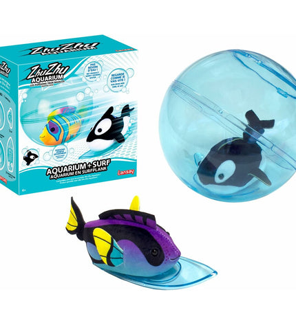 Lansay Zhu Zhu Aquarium Dieren Set for bath play, featuring small animal figures, in a 12x21x21 cm plastic container.