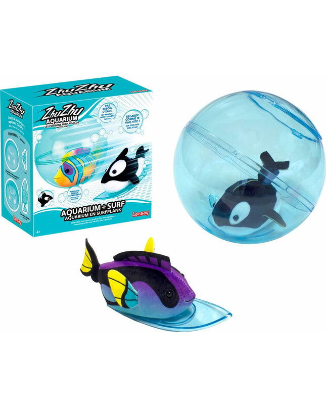 Lansay Zhu Zhu Aquarium Dieren Set for bath play, featuring small animal figures, in a 12x21x21 cm plastic container.