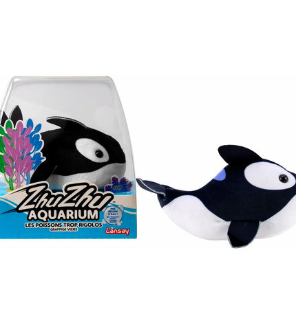 Lansay Zhu Zhu Aquarium Margot the small orca plush toy, 9x14x14 cm, electronic pet and game toy with detailed orca design.