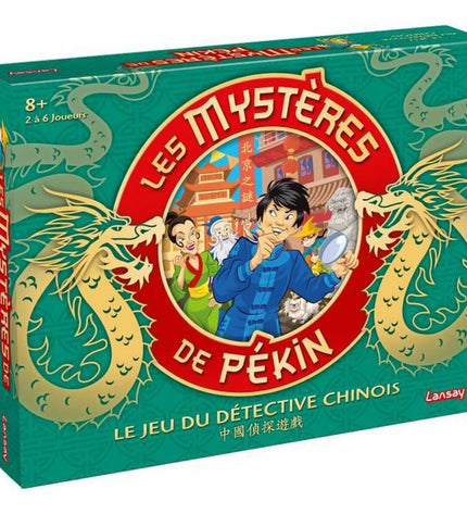 Lansay Les Mysteres De Pekin board game with colorful game pieces and illustrations for family fun.