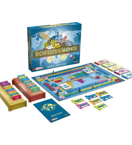 Lansay Riches of the World board game for children, featuring colorful game components and illustrated game board.