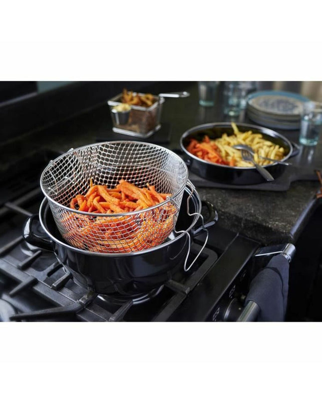 Baumalu black enameled steel deep fryer for home cooking with compact design and easy-to-use controls.