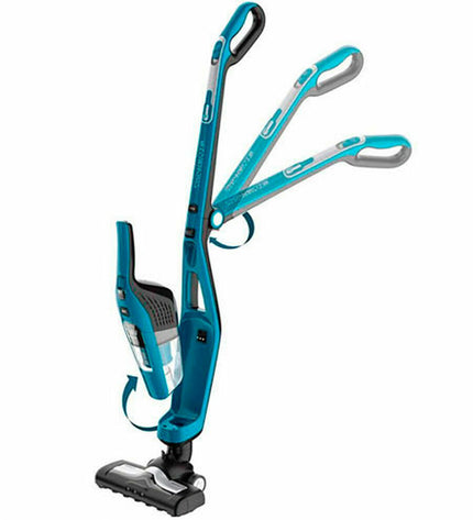 Rowenta Dual Force cordless steel vacuum cleaner with 0.6L capacity and 21.6V battery, shown in a home cleaning setting.