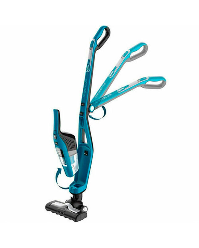Rowenta Dual Force cordless steel vacuum cleaner with 0.6L capacity and 21.6V battery, shown in a home cleaning setting.
