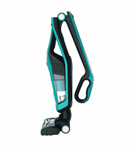 Rowenta Dual Force cordless steel vacuum cleaner with 0.6L capacity and 21.6V battery, shown in a home cleaning setting.