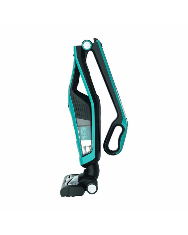 Rowenta Dual Force cordless steel vacuum cleaner with 0.6L capacity and 21.6V battery, shown in a home cleaning setting.