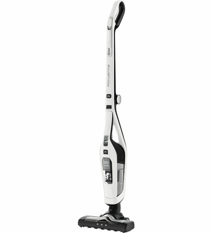 Rowenta RH6737 cordless vacuum cleaner with dustbin, handle, and cleaning attachments for home floor and surface cleaning.