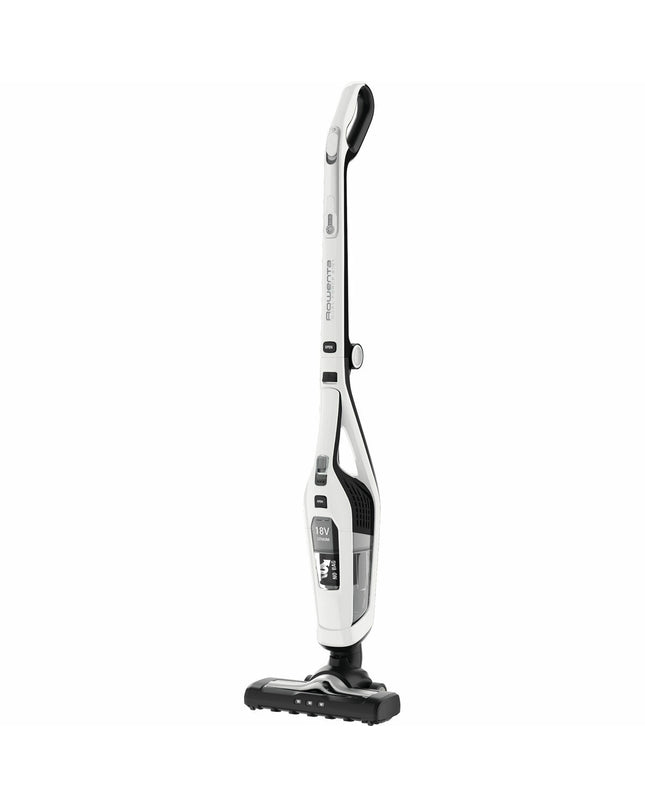 Rowenta RH6737 cordless vacuum cleaner with dustbin, handle, and cleaning attachments for home floor and surface cleaning.