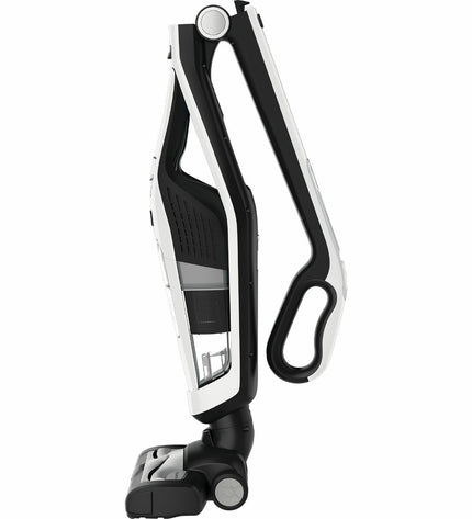 Rowenta RH6737 cordless vacuum cleaner with a sleek design, shown standing on a modern tiled floor for home cleaning.
