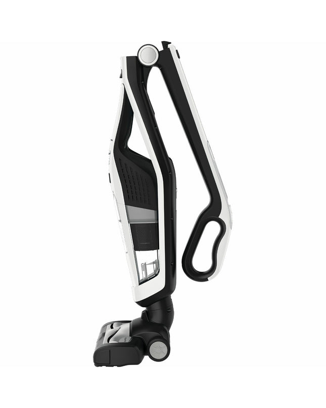Rowenta RH6737 cordless vacuum cleaner with a sleek design, shown standing on a modern tiled floor for home cleaning.