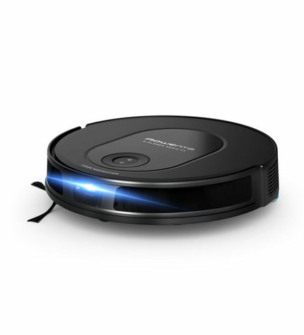 Rowenta RR8L65 robot stofzuiger op vloer, klaar voor schoonmaak, met ronde vorm en moderne design in een huis.
