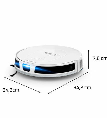 Rowenta RR8477 robot stofzuiger schoonmaakt vloer, compact design with sensors, white and black finish for home cleaning.
