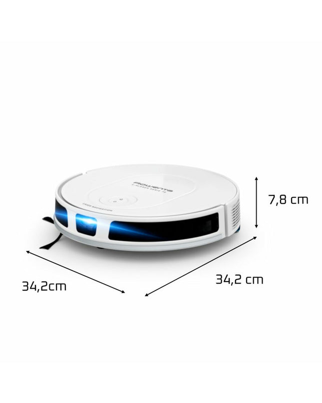 Rowenta RR8477 robot stofzuiger schoonmaakt vloer, compact design with sensors, white and black finish for home cleaning.