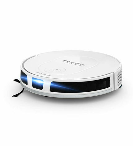 Rowenta RR8477 robot stofzuiger op vloer, klaar voor schoonmaken, met slimme navigatie en efficiënte stofzuigfunctie.