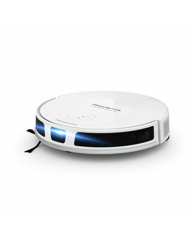 Rowenta RR8477 robot stofzuiger op vloer, klaar voor schoonmaken, met slimme navigatie en efficiënte stofzuigfunctie.