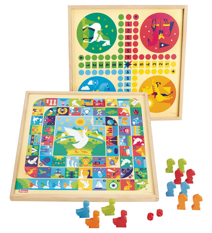 Jeujura board game of goose with small horse figures, measuring 33x33x2 cm, in a colorful, detailed playing scene.