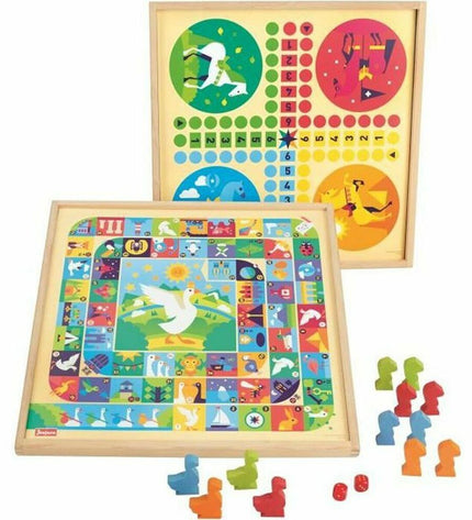 Jeujura Game of Goose and small horses wooden board game, 33x33 cm, with game pieces on a wooden surface.