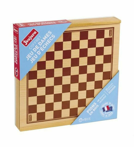 Jeujura checkers and chess wooden game box with game pieces inside, ideal for family gameplay and strategic fun.