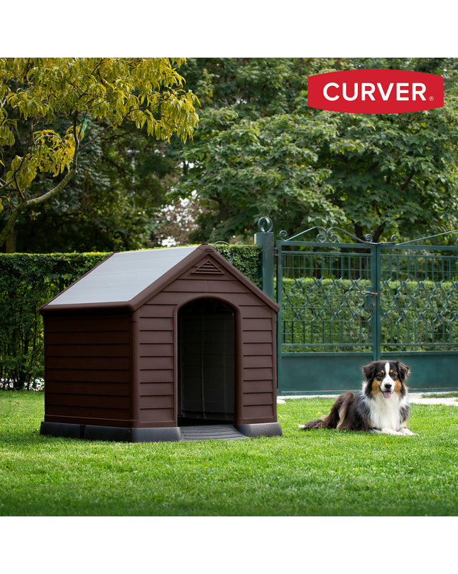 Curver plastic dog crate, 95x99x99 cm, durable pet enclosure for dogs, made by Curver, featuring a sturdy plastic design.