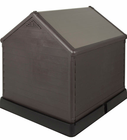 Curver plastic dog crate measuring 95x99x99 cm, durable and lightweight, designed for pet comfort and easy cleaning.