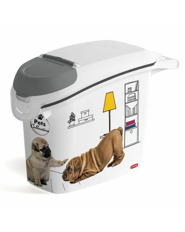 Curver white 6kg dog food storage container with lid, made of durable plastic for keeping pet food fresh.