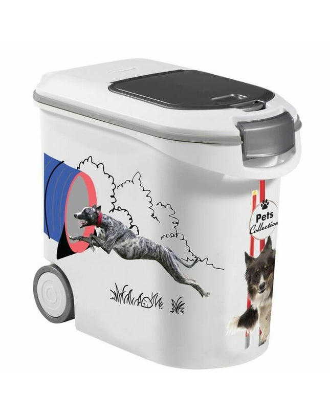 White 35L Curver food storage container for dogs, rectangular plastic bin with secure lid for pet food storage.