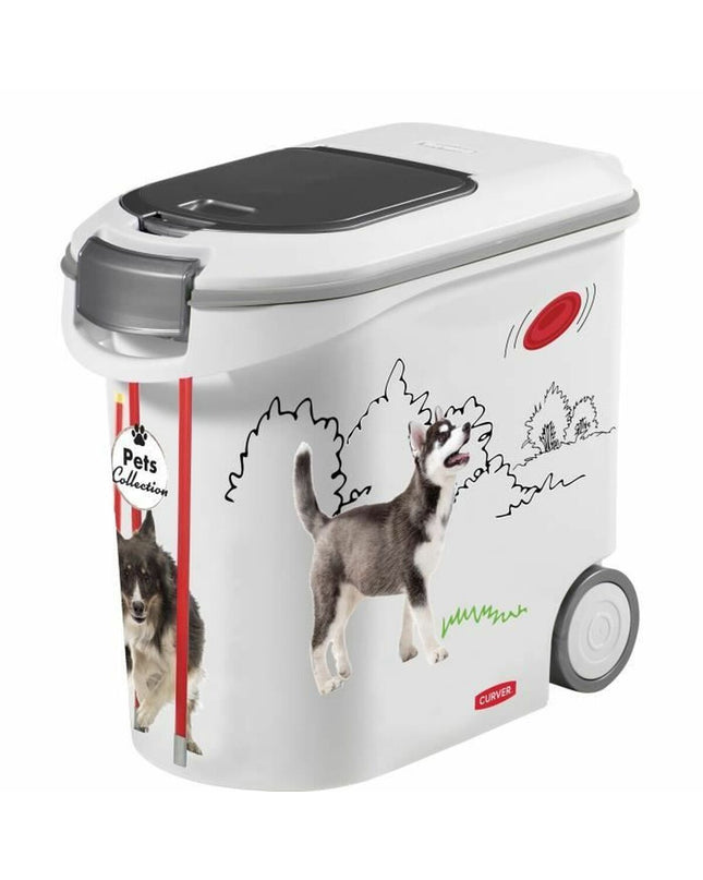 White Curver 35L food storage container for dogs, made of durable plastic with a secure lid, ideal for pet food storage.