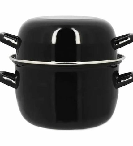 Menastyl black glazed enamelled steel casserole pan with lid, two-piece kitchen cookware for home cooking.