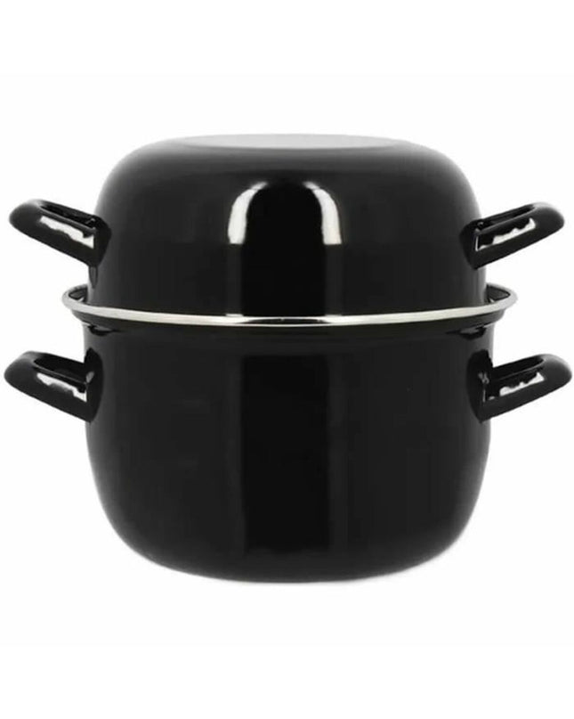 Menastyl black glazed enamelled steel casserole pan with lid, two-piece kitchen cookware for home cooking.