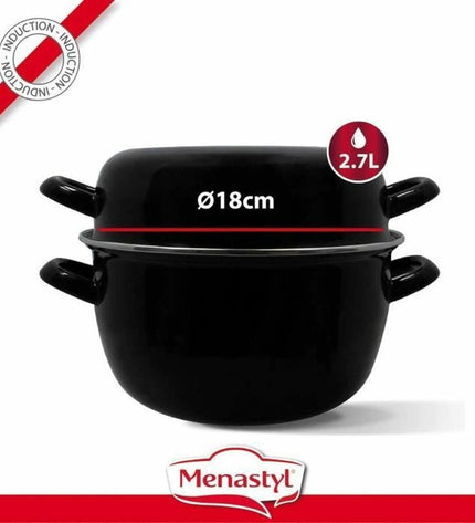 Menastyl black glazed steel casserole pan with lid, 2-piece enameled cookware set for home cooking and kitchen use