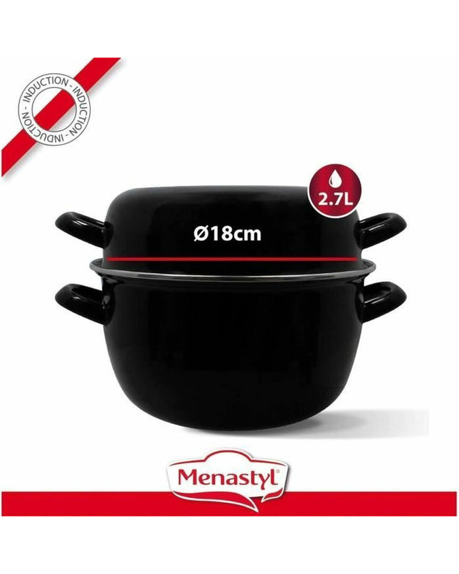 Menastyl black glazed steel casserole pan with lid, 2-piece enameled cookware set for home cooking and kitchen use