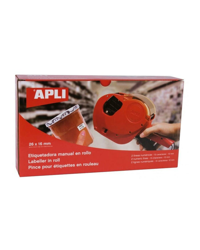 Apli handmatige labelmachine in rood, used for office labeling and organizational tasks, with visible label tape and controls.