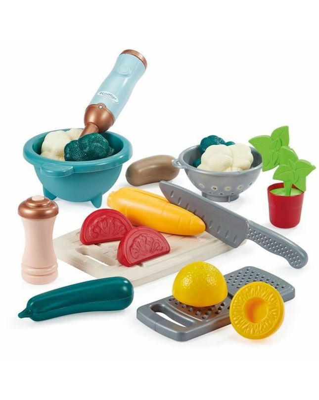 Ecoiffier Delicious Playset with colorful toy food and utensils for imaginative role-play, part of Ecoiffier's pretend game collection.