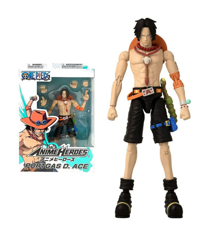 One Piece Anime Heroes Portgas D. Ace action figure, 17 cm tall, detailed plastic toy from Bandai, featuring character in iconic pose.