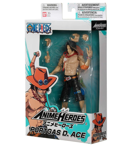 One Piece Anime Heroes Portgas D. Ace action figure, 17 cm tall, detailed toy from Bandai with vivid costume and accessories.