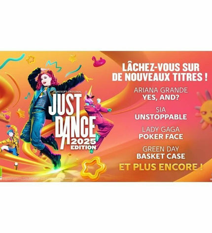 Ubisoft Just Dance 2025 Edition video game for Nintendo Switch, electronic plug-and-play gaming console with colorful cover art.