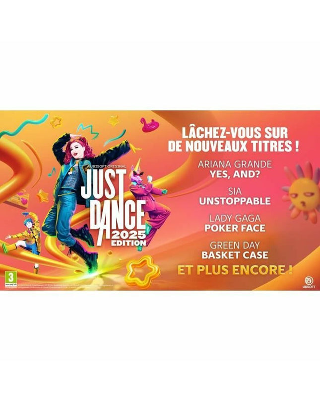 Ubisoft Just Dance 2025 Edition video game for Nintendo Switch, electronic plug-and-play gaming console with colorful cover art.